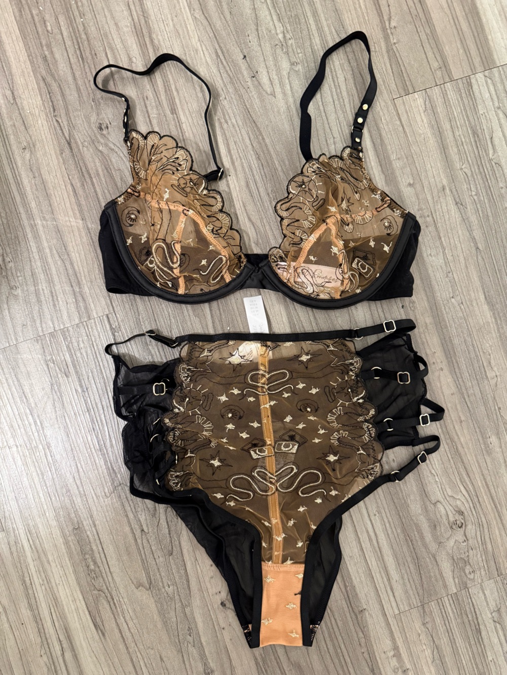 Snake and Tarot Embroidered Underwire Bra & High-Waist Brief Set